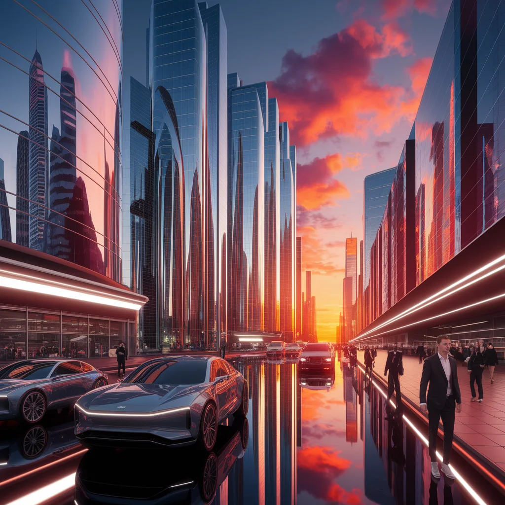 Paisaje Urbano Futurista de Cromo al Atardecer