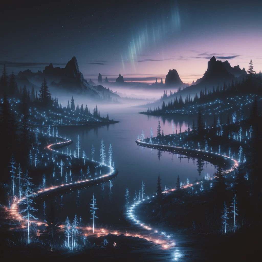 Paisaje Onírico Bioluminiscente al Crepúsculo