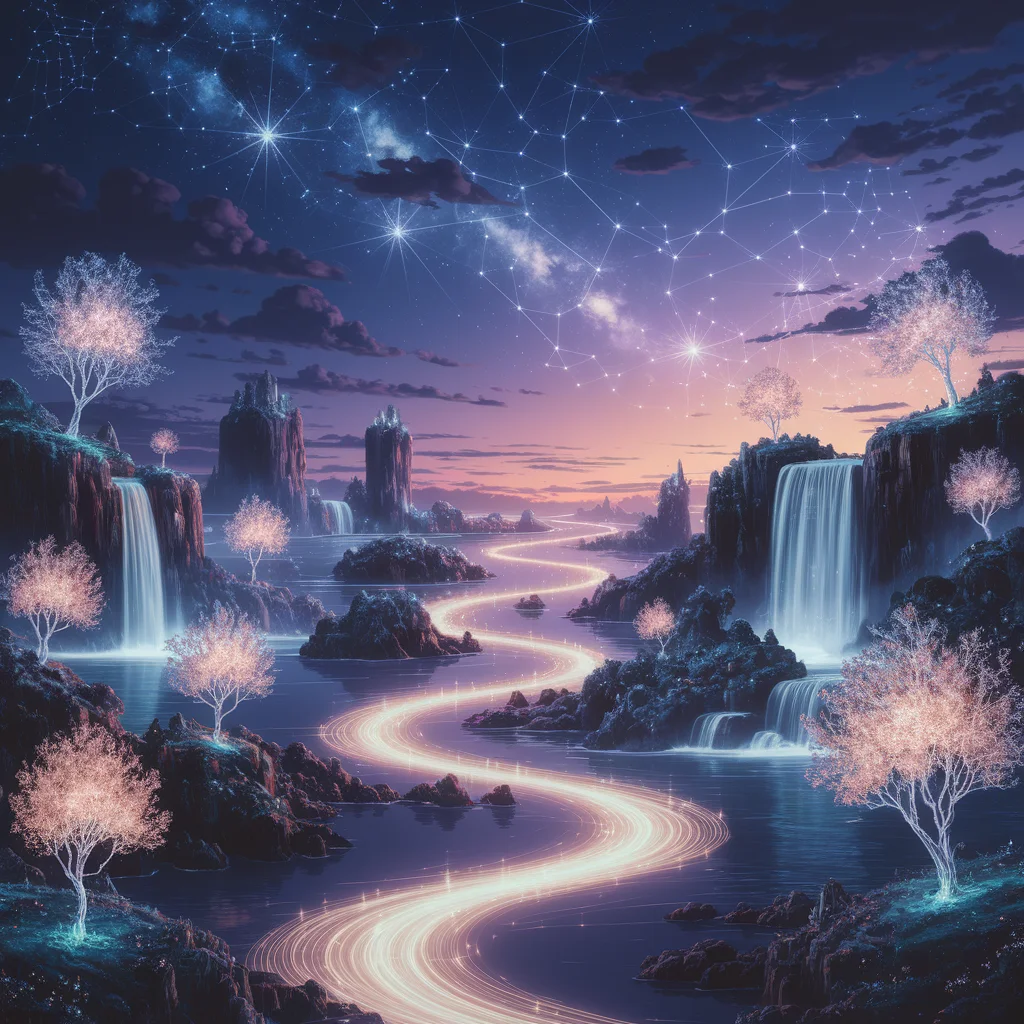 Paisaje Onírico Surrealista: Islas Flotantes y Cascadas Luminosas