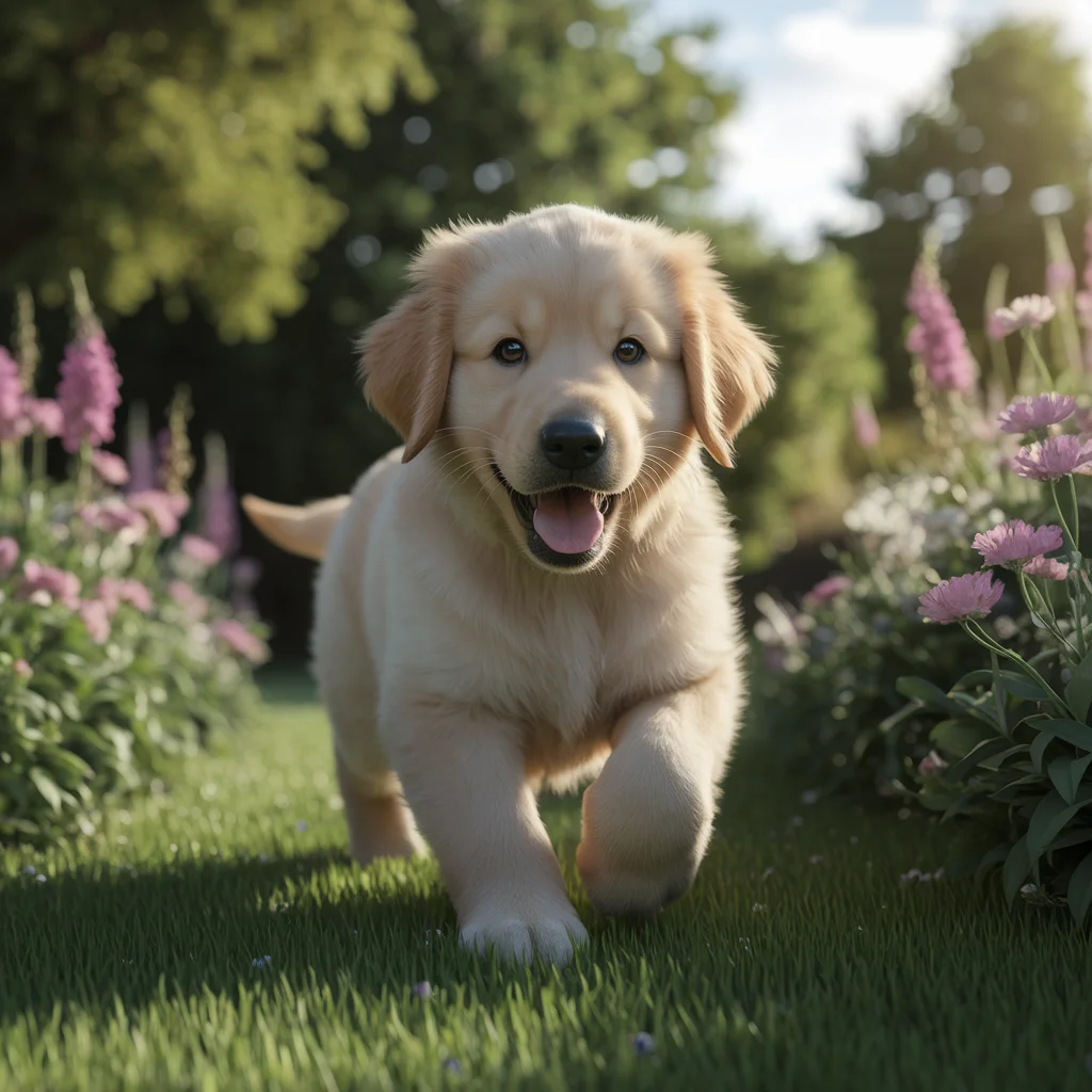 Cachorro de Golden Retriever en un Jardín Florido
