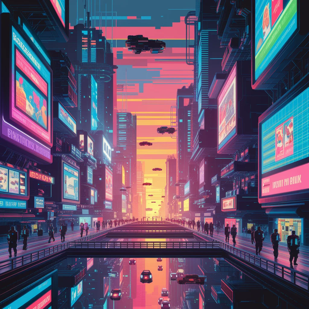 Paisaje Urbano Futurista en Pixel Art al Atardecer