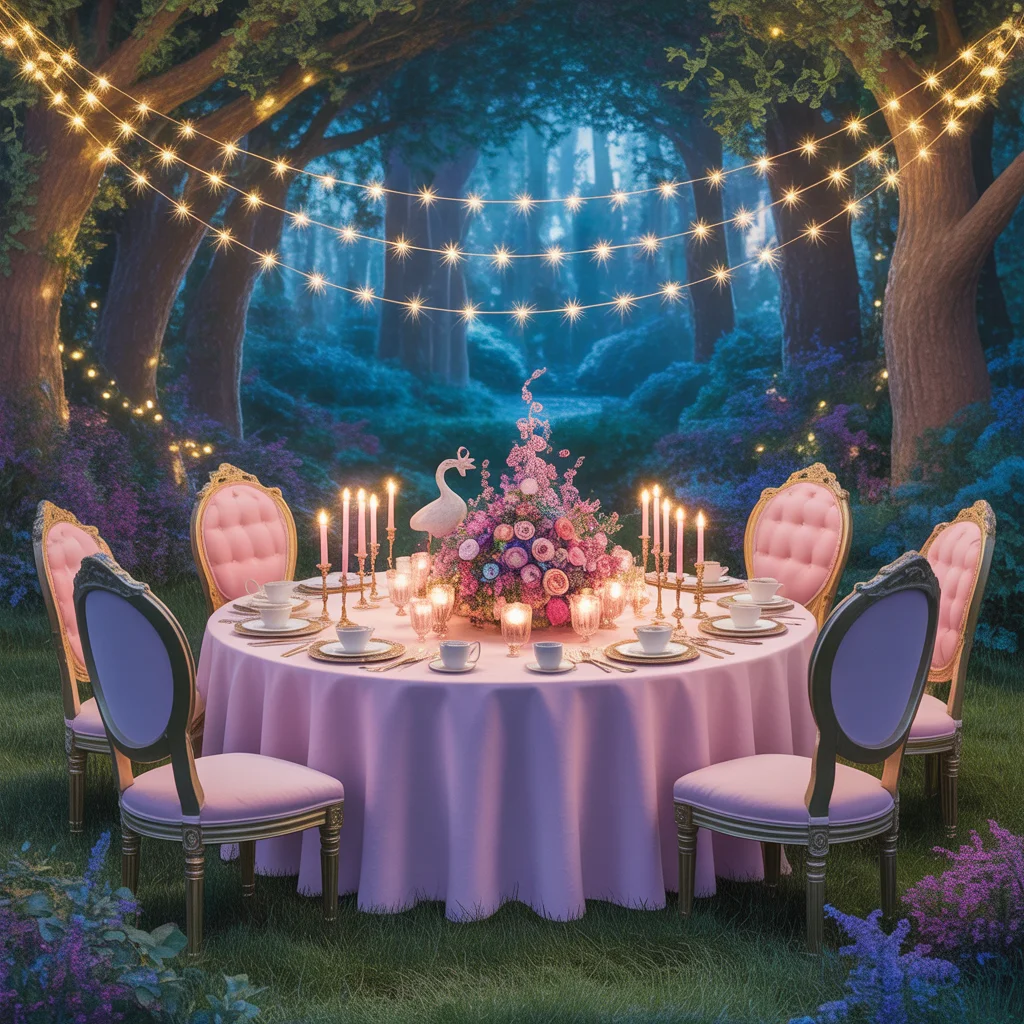 Fiesta de té brillante y fantasiosa en el bosque