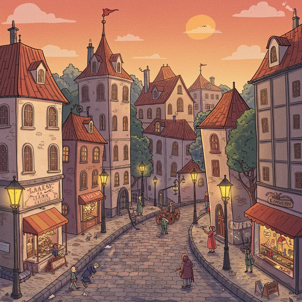 Paisaje urbano caprichoso dibujado a mano al atardecer