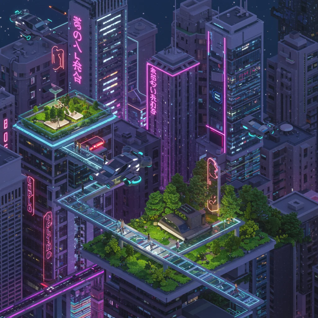 Ciudad futurista isométrica al atardecer