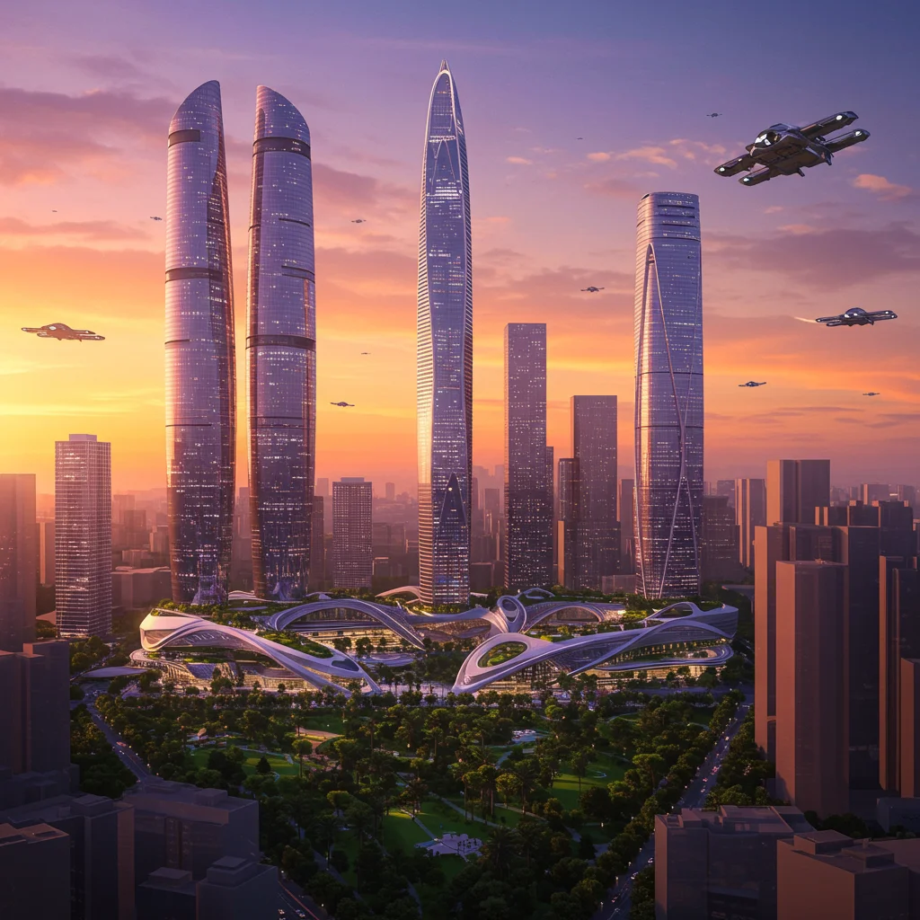 Horizonte urbano futurista al atardecer