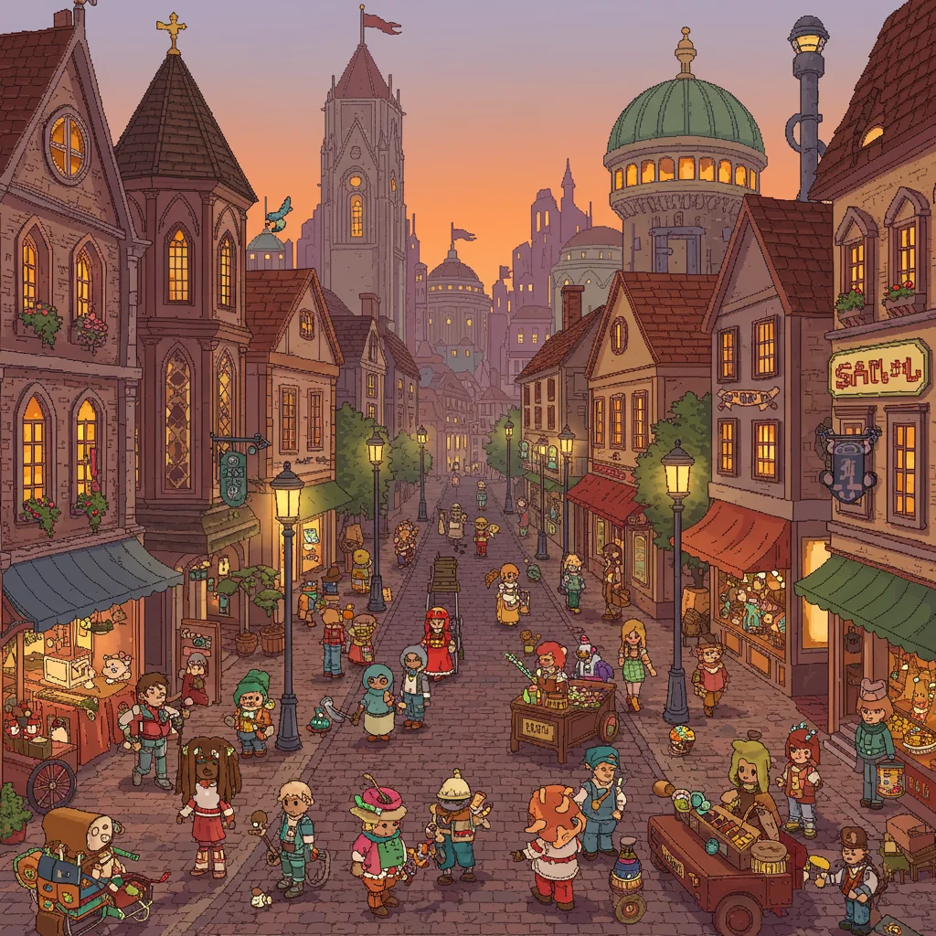 Ciudad de Píxeles Fantástica al Atardecer