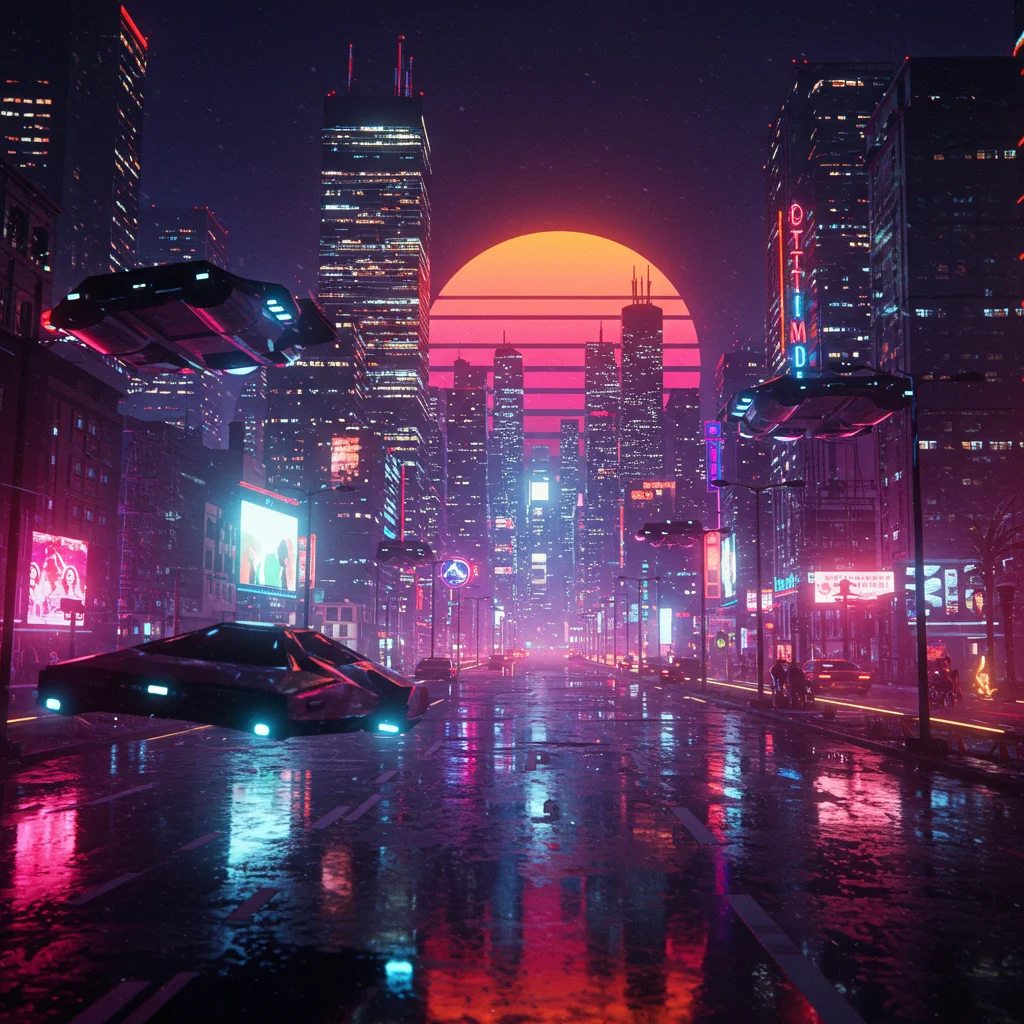 Noches de neón: Paisaje urbano futurista con brillo retro