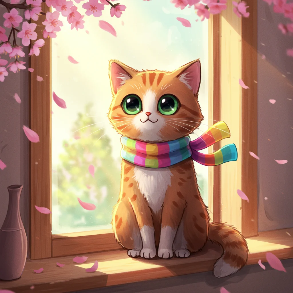 Gato de anime caprichoso en un alféizar con flores de cerezo