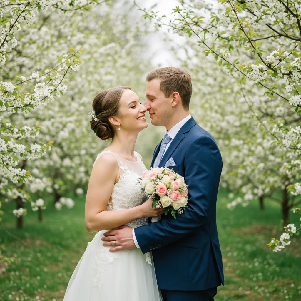 Abrazo de Boda en Jardín de Primavera