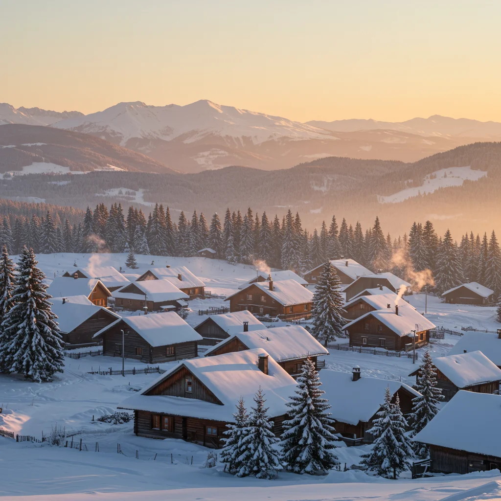 Amanecer de invierno en un pueblo de montaña