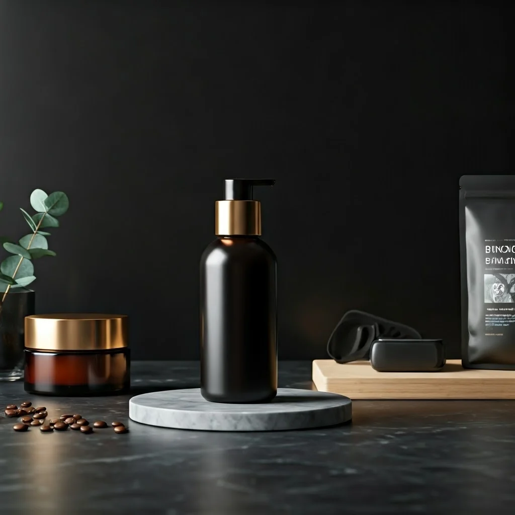 A photorealistic product shot of a premium skincare bottle, placed on a clean, stylish marble surface. Matte black background and  natural wood.