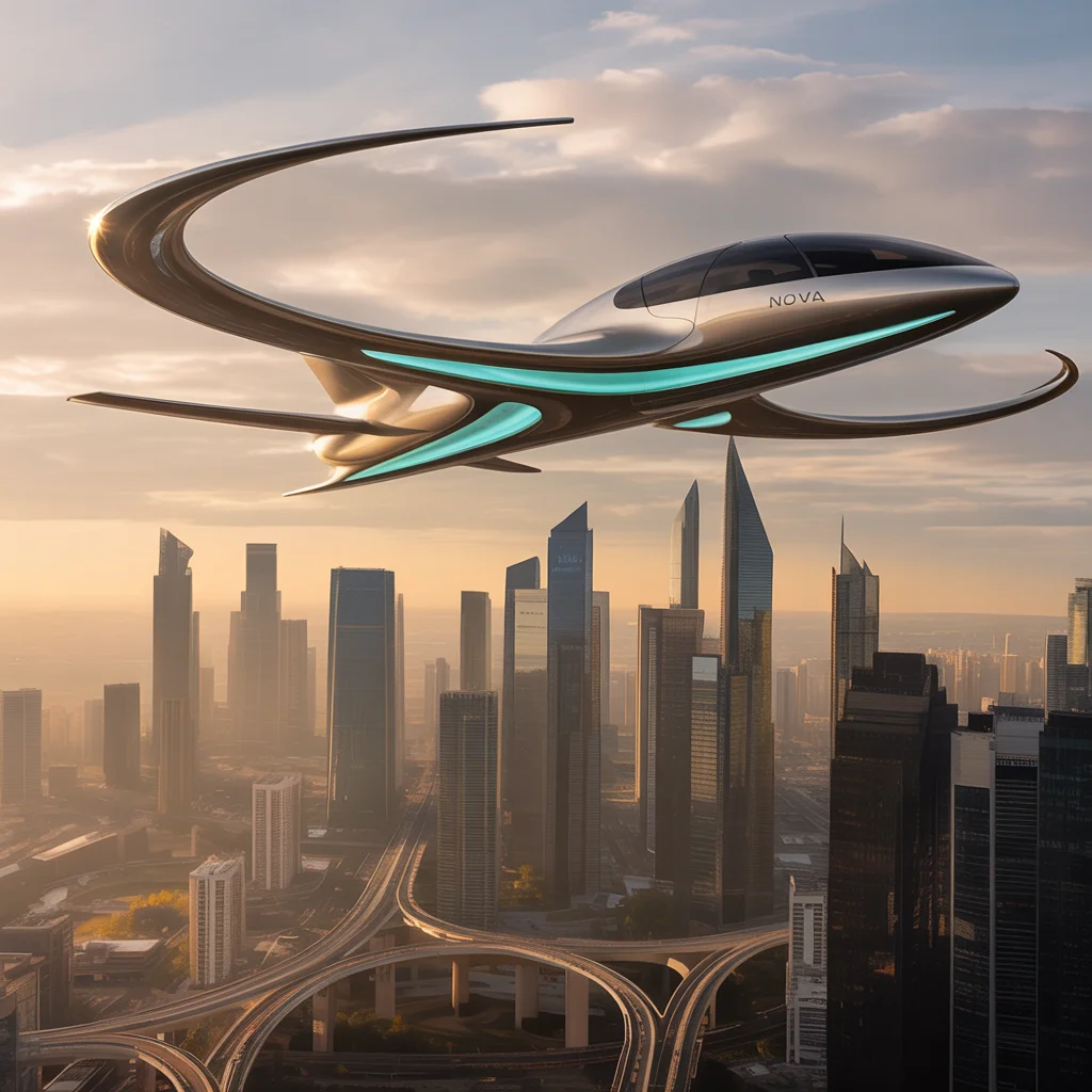 Futuristic jet soaring above city, vibrant, modern style
