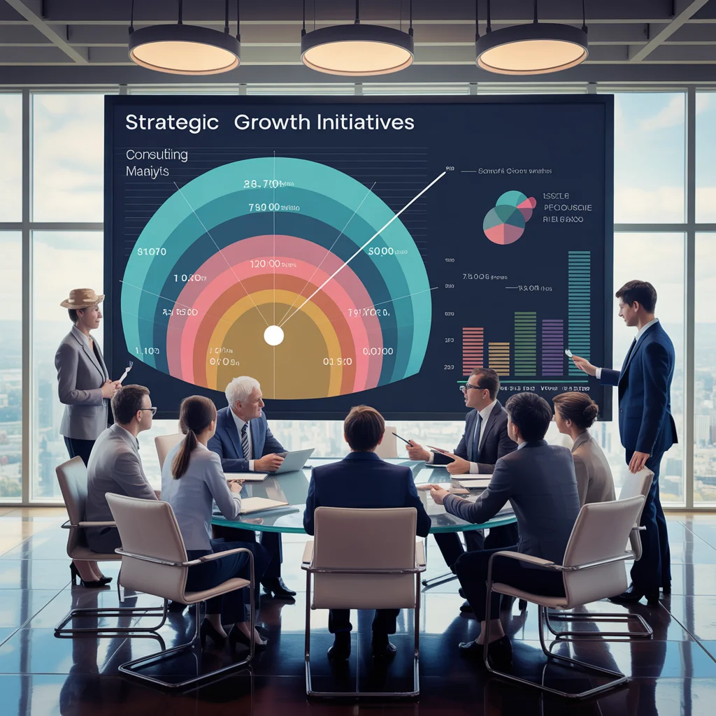 Consulting firm strategic planning meeting, clean charts, vibrant colors, modern design