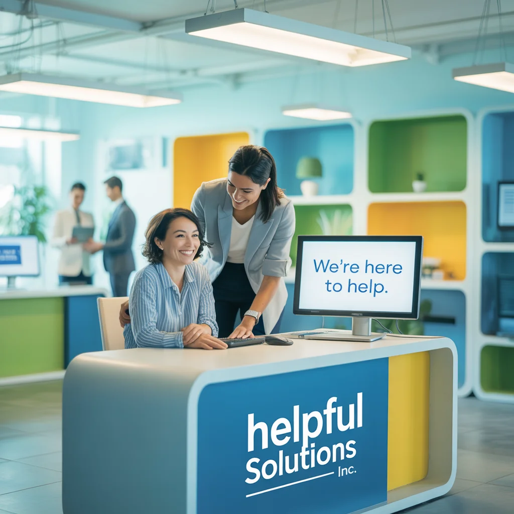 customer support representative at help desk, vibrant, modern