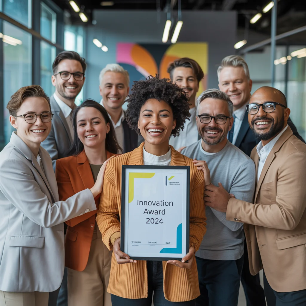 A group of diverse people collaborating in a modern, vibrant campaign visual