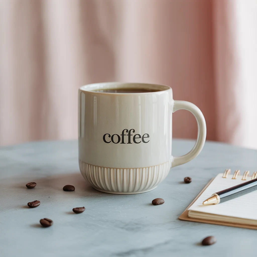 E-commerce mockup of a trendy ceramic mug, clean pastel background