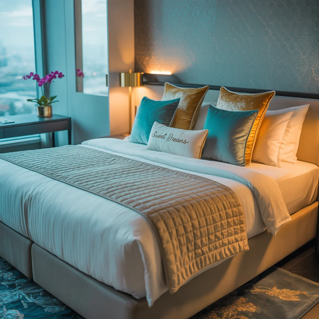 Modern hotel room with luxurious design, vibrant colors, and clean layout