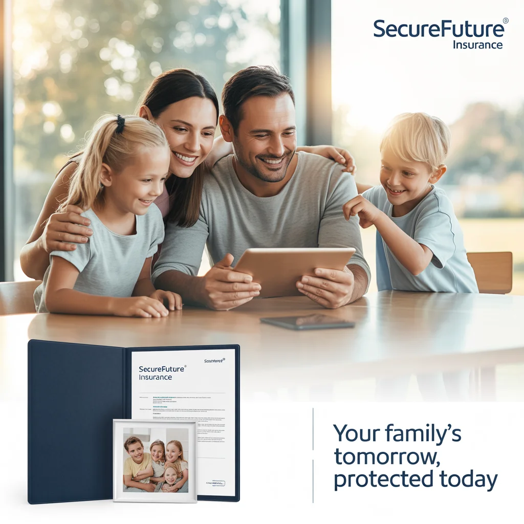 Family smiling with insurance documents