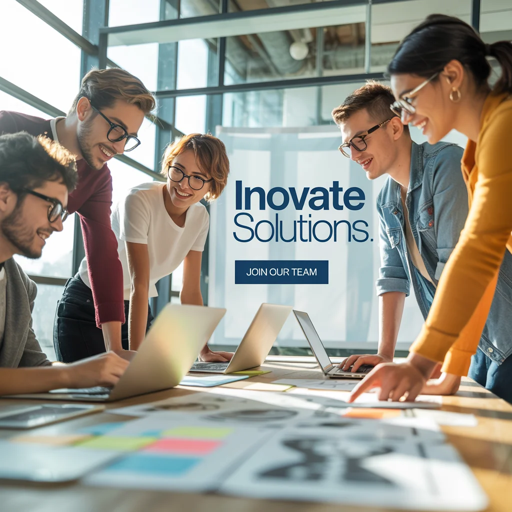 Diverse team in modern office, branded job ad visual