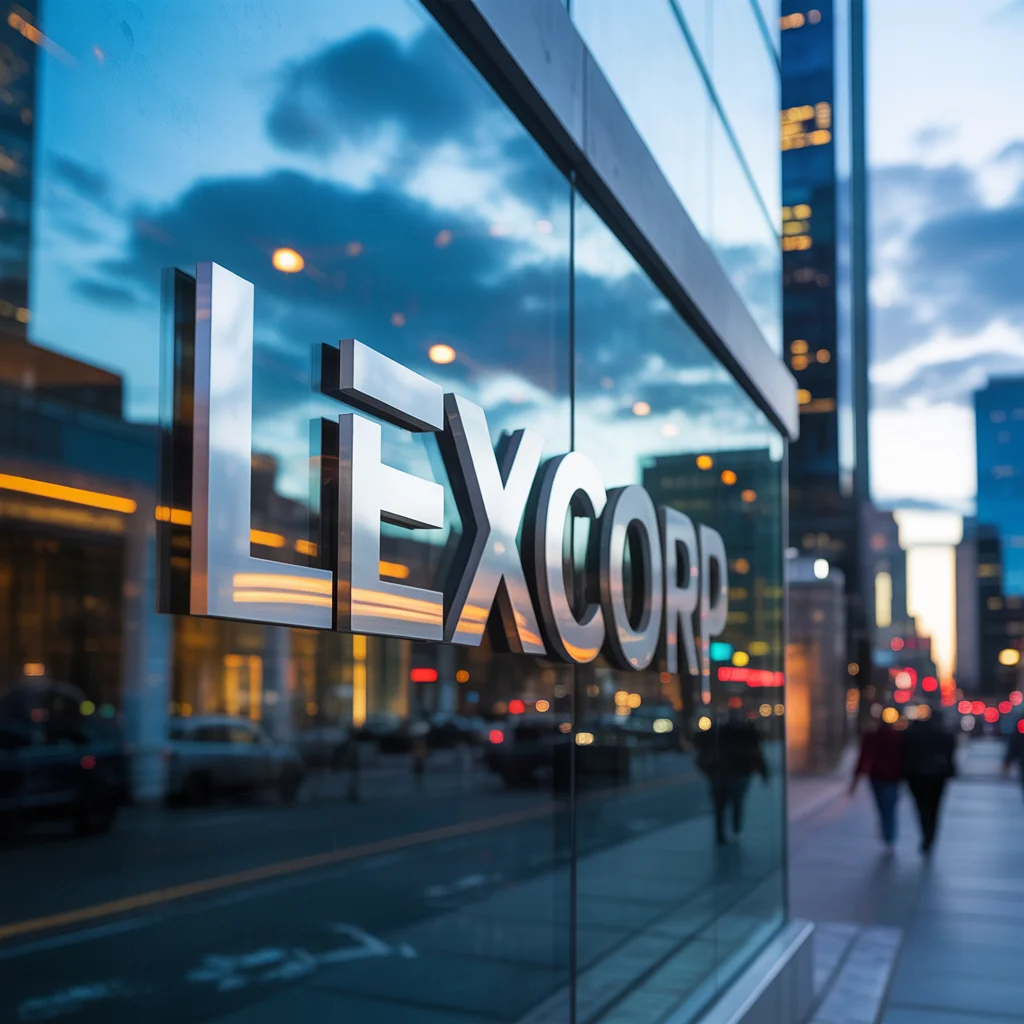 Law firm logo on glass building, professional branding, modern design