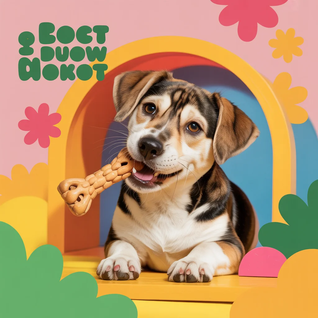 Cute dog playing with a chew toy in a vibrant pet ad
