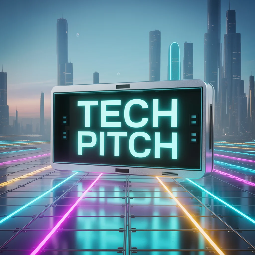 Futuristic cityscape for innovation pitch, neon accents, clean and modern design