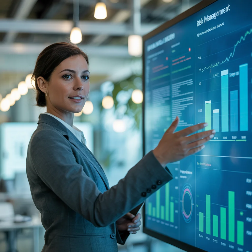 Businesswoman presenting risk management report with modern visuals