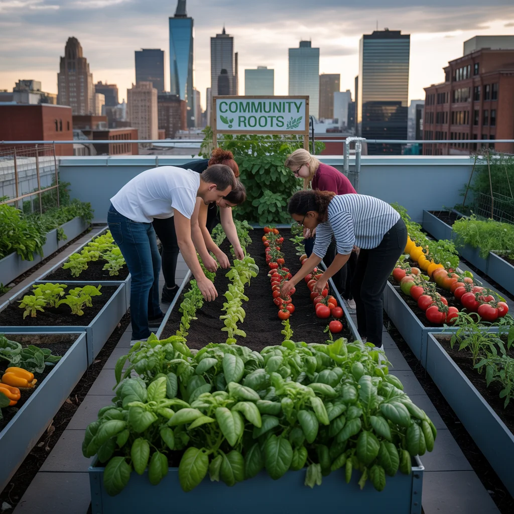 Urban rooftop garden, people planting vegetables, sustainability initiative