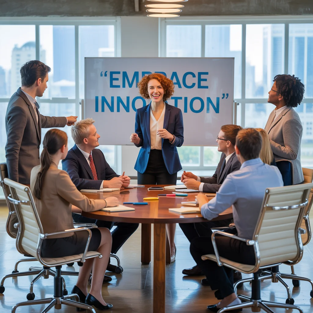 Diverse group of professionals at a leadership workshop, motivational visual style